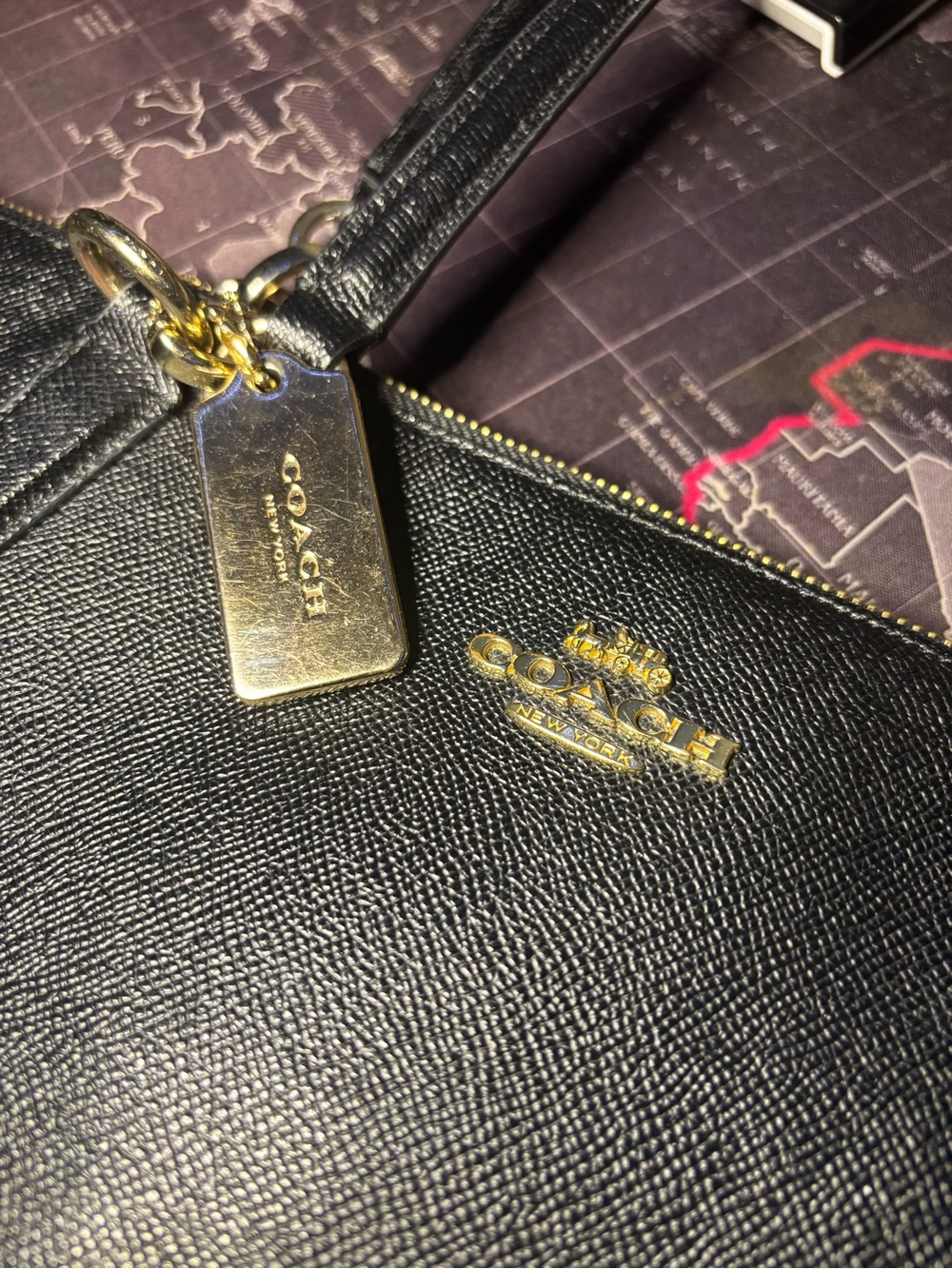 Coach Black Pebbled Leather Wristlet with Gold Hardware
